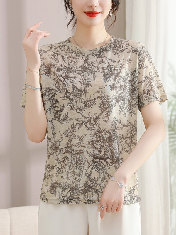 Camiseta de malha floral estampada feminina, suéter feminino, pulôveres, camiseta, manga curta, roupas de verão
