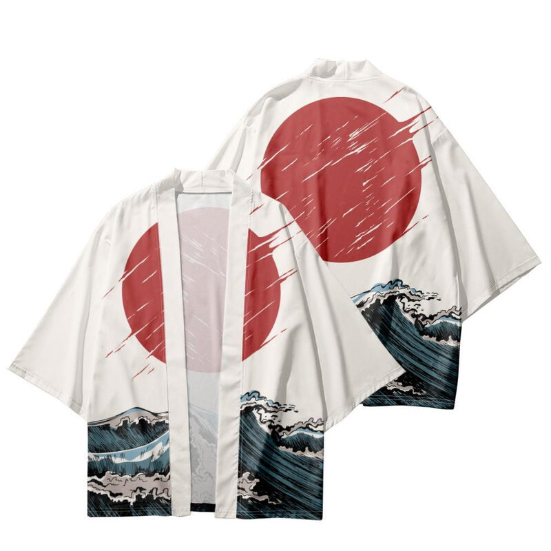 2023 Summer Beach Wave Print Kimono Streetwear Tradicional Cardigan 3/4 Manga Camisa Haori Moda Kimono Yukata Homens Mulheres
