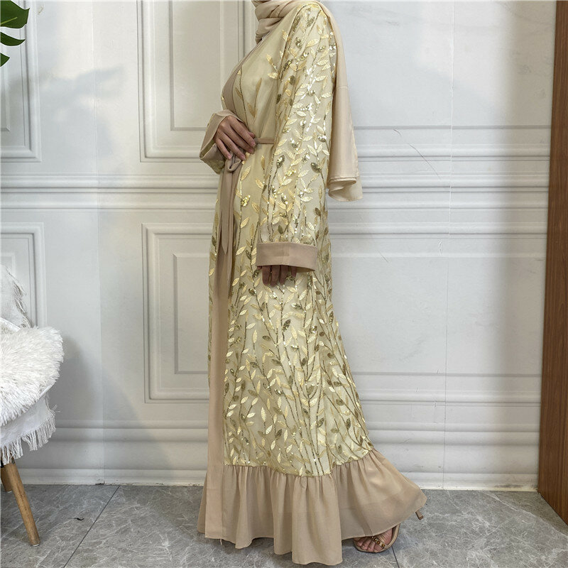 Wepbel Turkey Caftan Muslim Open Abaya Lace Cardigan Embroidered Leaves Muslim Dress Sequined Robe Islamic Clothing Kaftan Robe