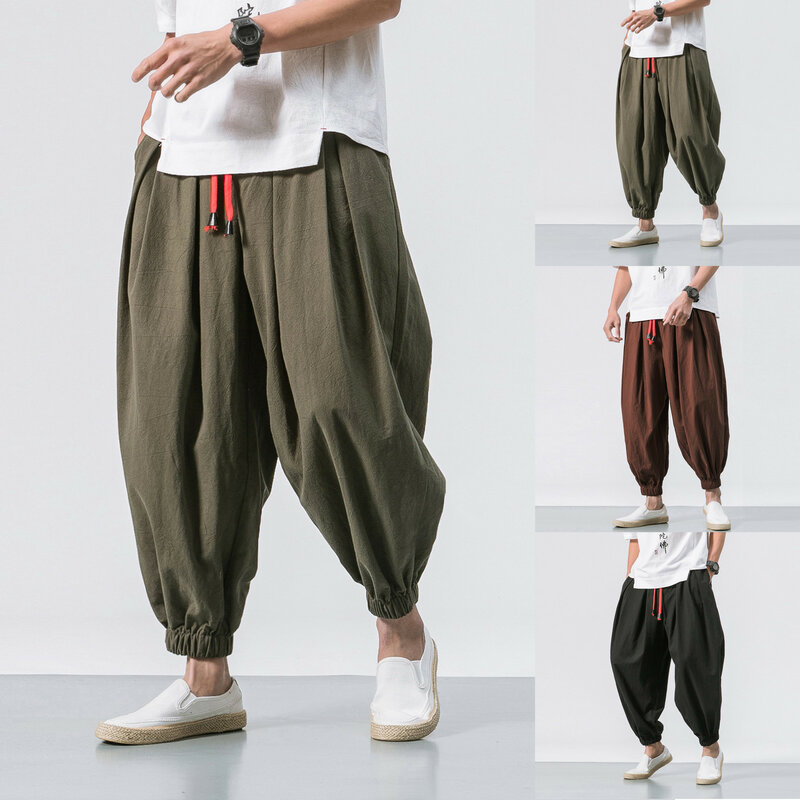 Pantalones bombachos transpirables para hombre, bombachos informales de algodón y lino, ropa recortada, a la moda, primavera y verano