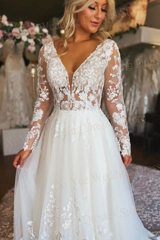 Sexy Elegant A Line Wedding Dresses Deep V Neck Backless Illusion Appliques Bride Gowns Long Sleeve Vestidos De Novia New 2024