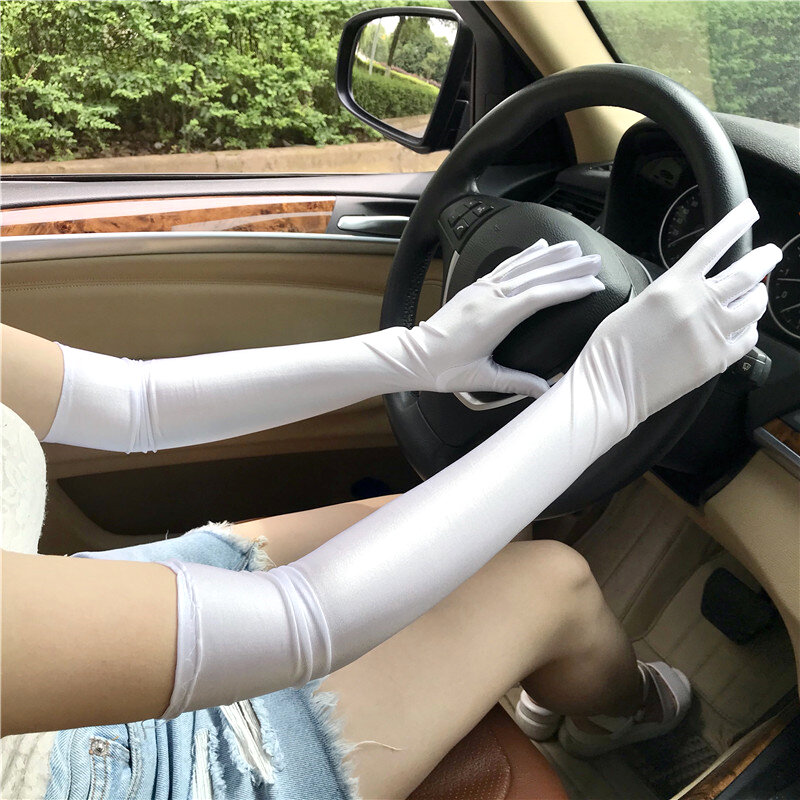 日焼け止め-女性用の長い運転用手袋,イブニングアクセサリー,結婚式用,白/黒,サテンの膣付き,花嫁用