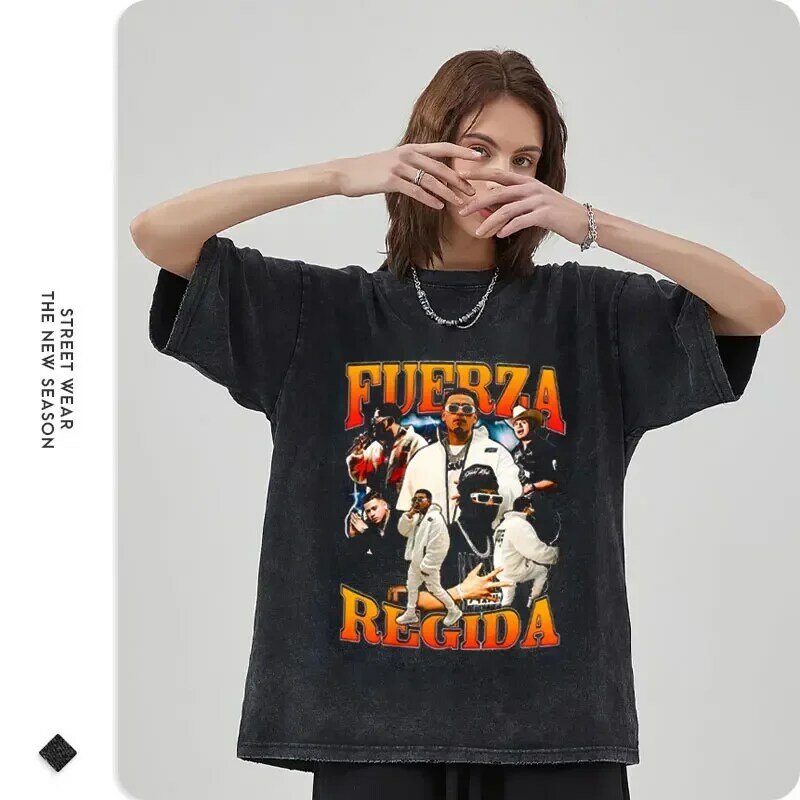 Fuerza Regida w stylu Vintage T Shirt Hip Hop raper piosenkarz koszulki z krótkim rękawem oversize oldschoolowa koszulka męska 100% bawełna