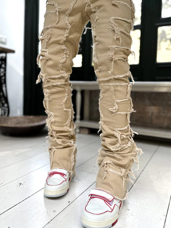 Pantalones vaqueros de moda urbana para hombre, Jeans de retazos con borlas rectas juveniles, novedad de 2024