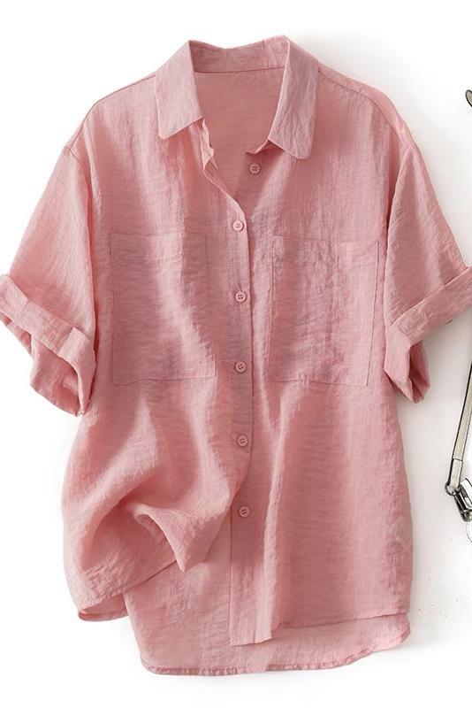 2024 Sommer lässig solide Vintage lose Hemd Frauen Kurzarm einreihige Polo-Ausschnitt Bluse weibliche Basic Tops x1080