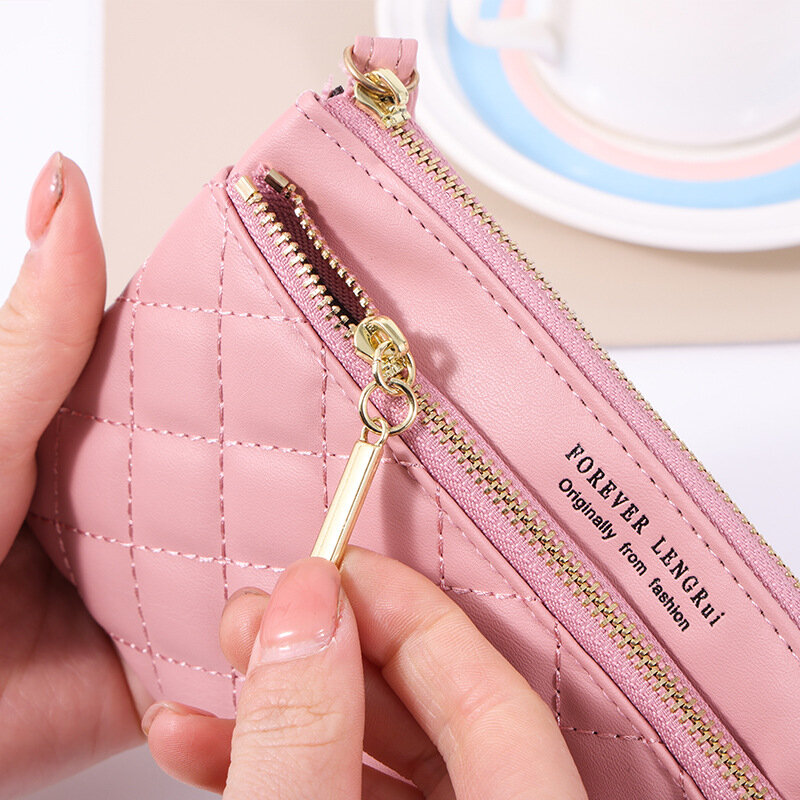 Lengrui2024 neue doppelte Reiß verschluss Ledertasche lange Brieftasche Damen einfache große Kapazität Reiß verschluss Handtasche