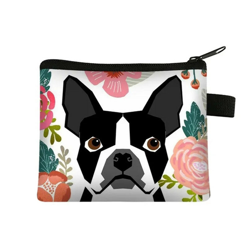 Tas tangan koin gambar Bulldog Floral lucu dompet Santai Pria Wanita tas koin anak anjing banteng tas tangan kecil tas uang anak-anak dompet
