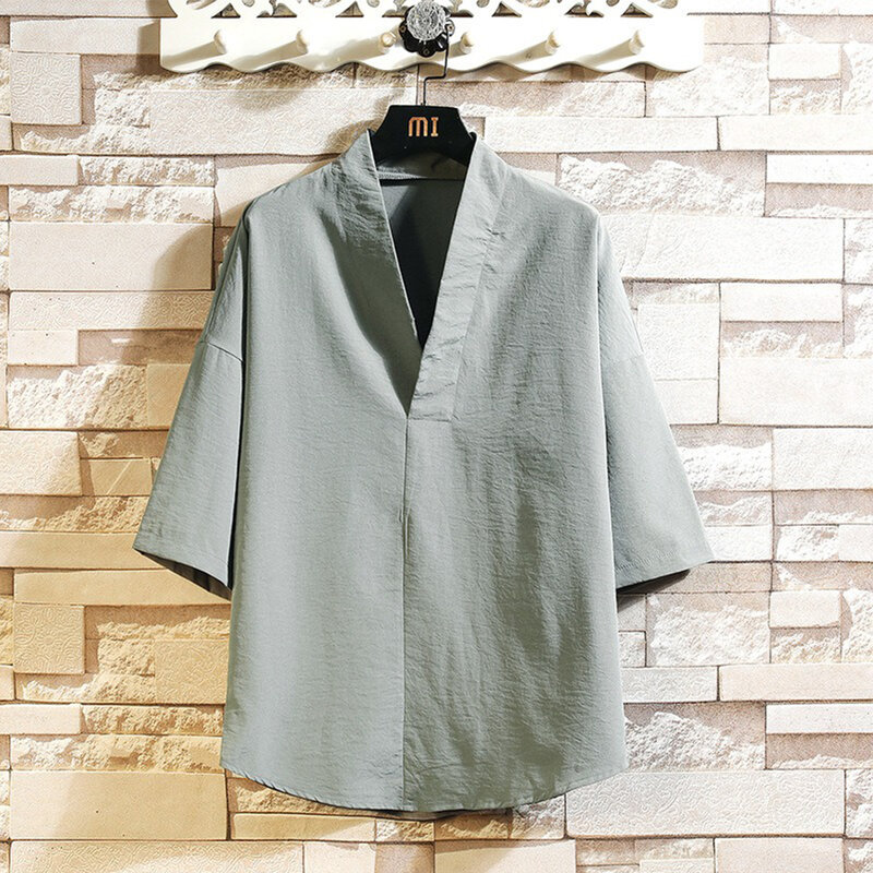 Kimono de media manga para hombre, camiseta informal Regular de Color sólido con cuello en V, asequible, a estrenar