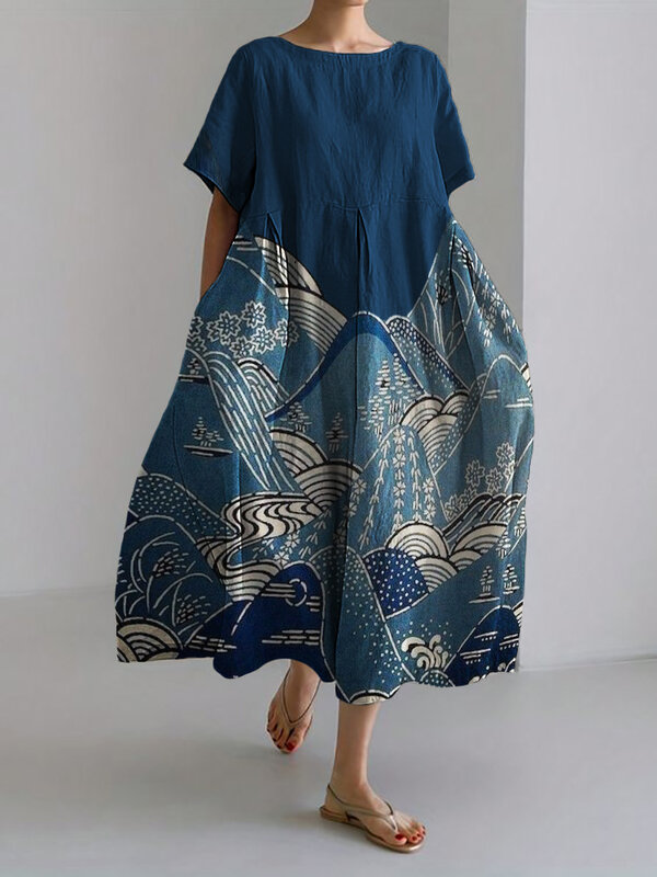XXS-6XL Plus Size Round Neck Short Sleeve Dress for Women Casual Fashion Japanese Style Feihe Art Flower Print Long Dress ZOOY