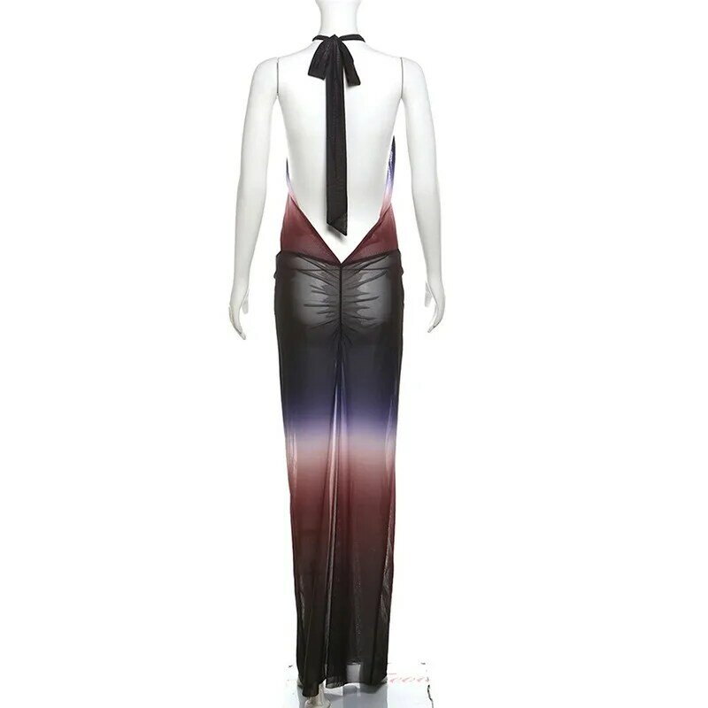 Женское Сетчатое платье с градиентным принтом, длинное прозрачное платье с открытой спиной и лямкой на шее, облегающее Клубное платье-халат, лето 2024