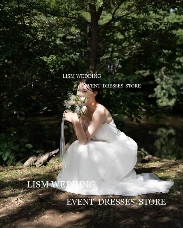 فستان زفاف بدون حمالات للنساء من LISM-Tulle ، طول الأرضية ، أربطة ، فستان زفاف رسمي ، بسيط ، كوري ، تصوير