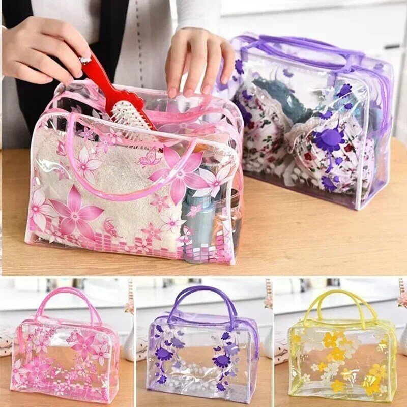 Transparent PVC Makeup Bags Portable Women's Floral Waterproof Cosmetic Bag Travel Washing Toiletry Shower Storage Pouches