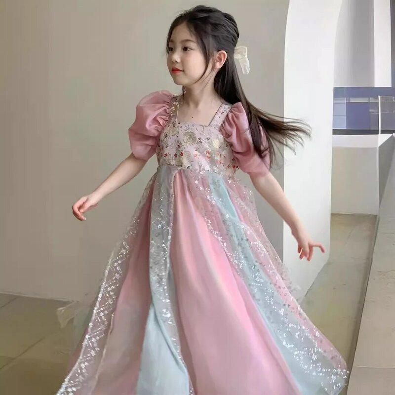 24 New Girl's Dress Sequin Mesh Skirt Bubble Sleeves Summer Princess Dress Cosplay Costumes  Anime Pastel Lolita Sweetheart Baby