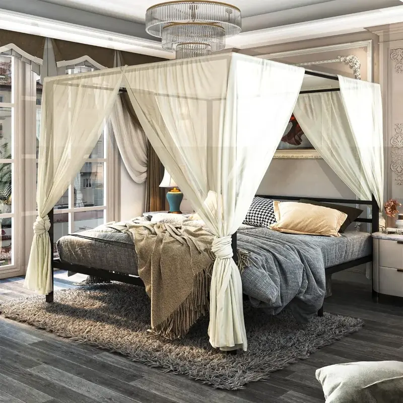 Metal Canopy Bed Frame, Cabeceira com ripas de madeira, Mobília preta do quarto, sem molas necessárias, 4 Post