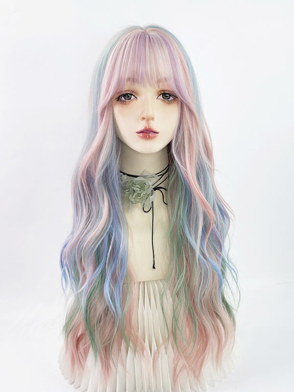 Cos парик цвета радуги Парижская окрашенная Женская полноголовая детская синяя и зеленая подсветка градиентный цвет Лолита длинные вьющиеся волосы