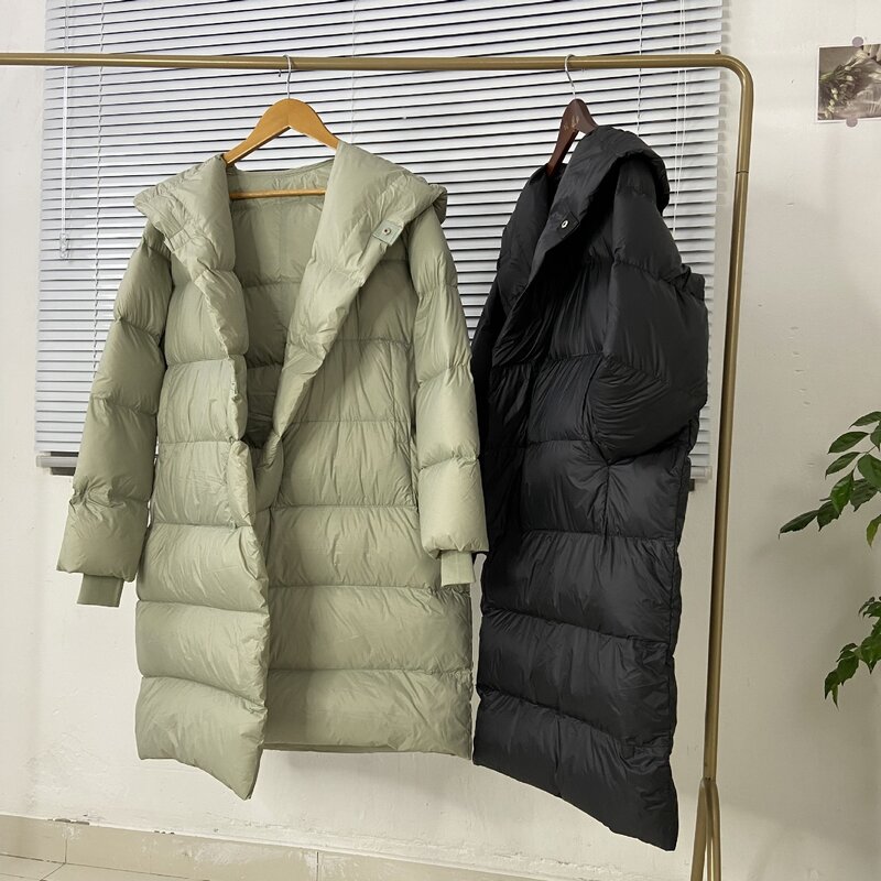 Pato branco para baixo jaqueta feminina casaco de comprimento médio 90% de alta qualidade sólida macio e quente com capuz luz de luxo casaco de inverno casacos