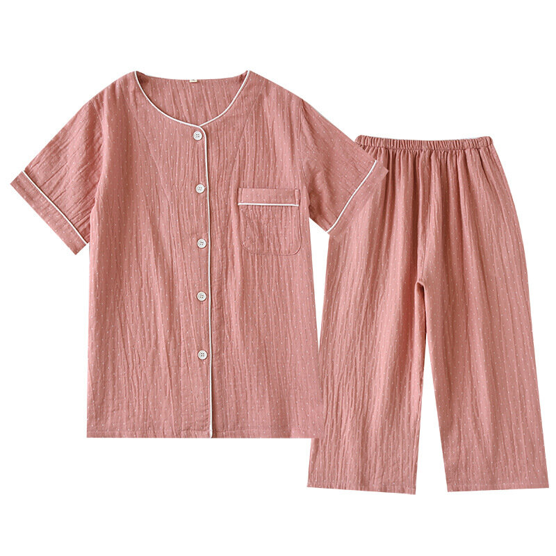 女性のためのシンプルで快適な夏のパジャマセット,点線の半袖トップとカプリパンツ,ダブルレイヤ,コットン糸,ラウンジウェア