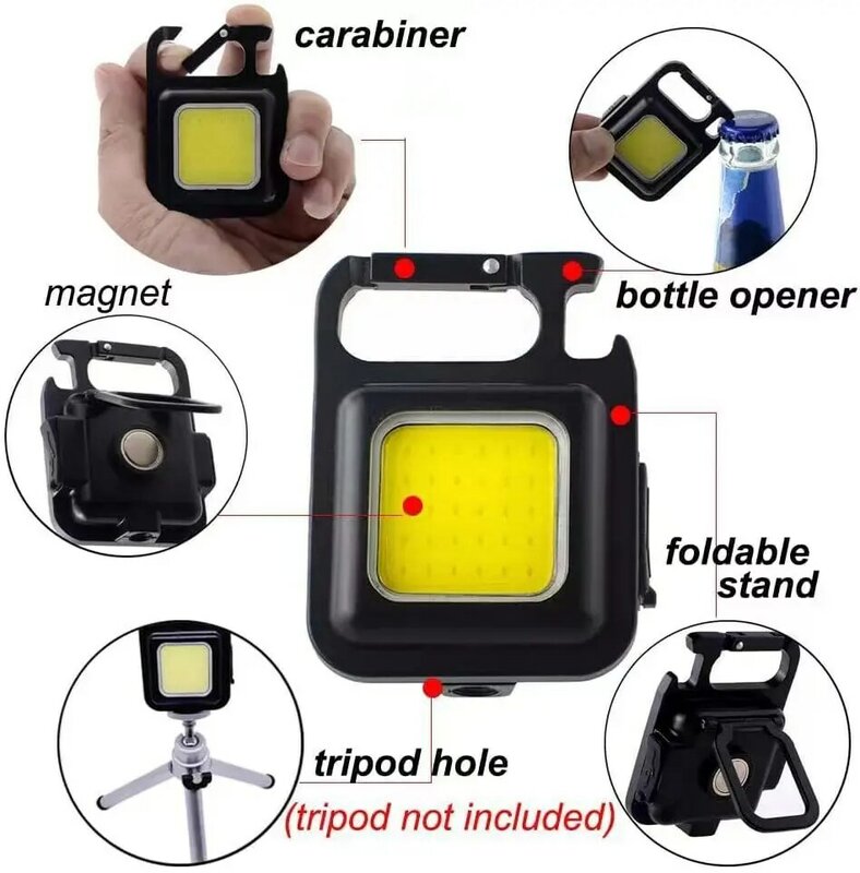 Mini lampe de poche portable aste USB, lampe de travail COB, porte-clés LED, urgence extérieure, camping, tire-bouchon, pêche