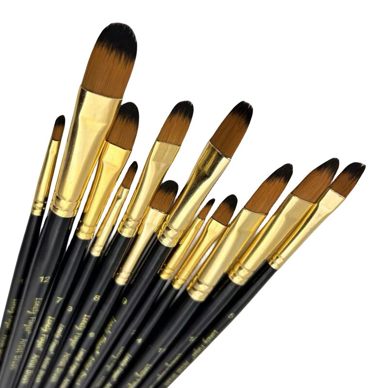 12Pcs Paint Brush Set Filbert Golden Nylon Bristle Professional Brush for Watercolor Acrylic, Gouache, Oil and Facepaint