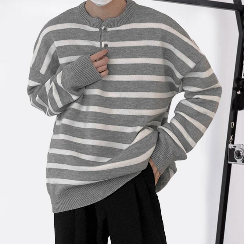 Мужской зимний свитер в полоску, трикотажный пуловер с воротником на пуговицах и круглым вырезом, теплый джемпер с длинным рукавом, уличная одежда