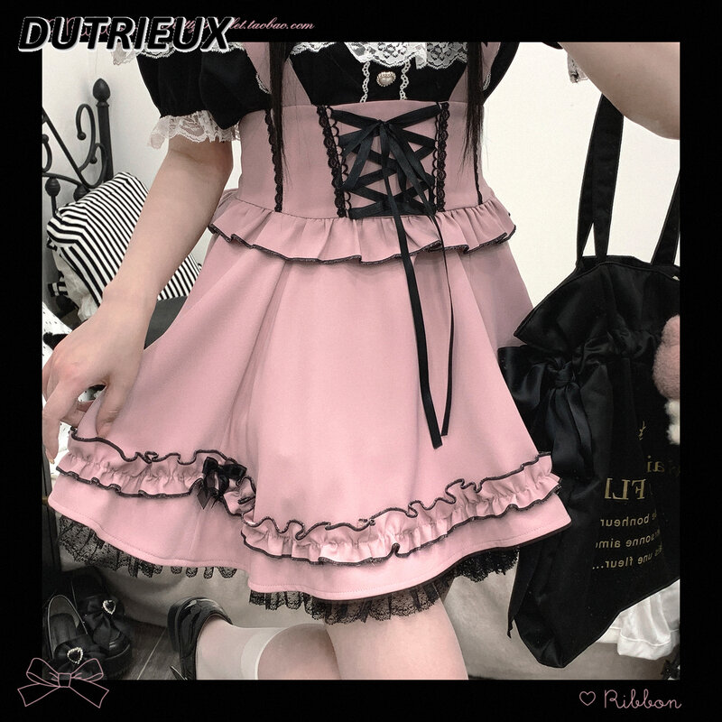 High Waist Lace-up Cake Ruffled Short Skirt Spring and Summer New Sweet Cute Girls Wild with Support Puffy Suspender Skirts