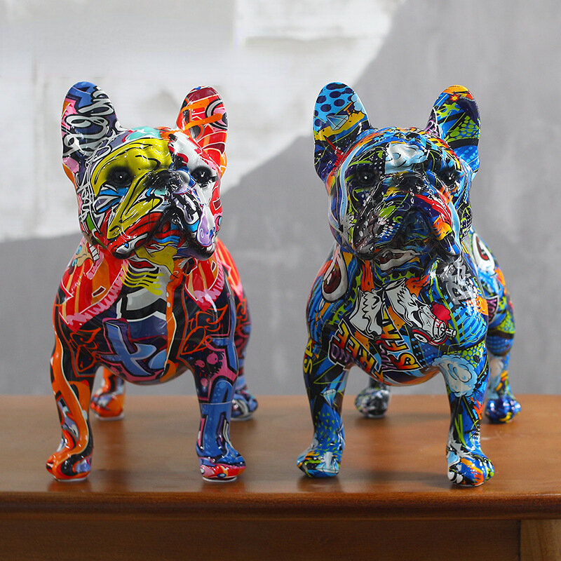 Décoration de statue de bouledogue français debout coloré, artisanat de graffiti de chien de compagnie de bricolage, ornement de statue d'animal de bureau, résine