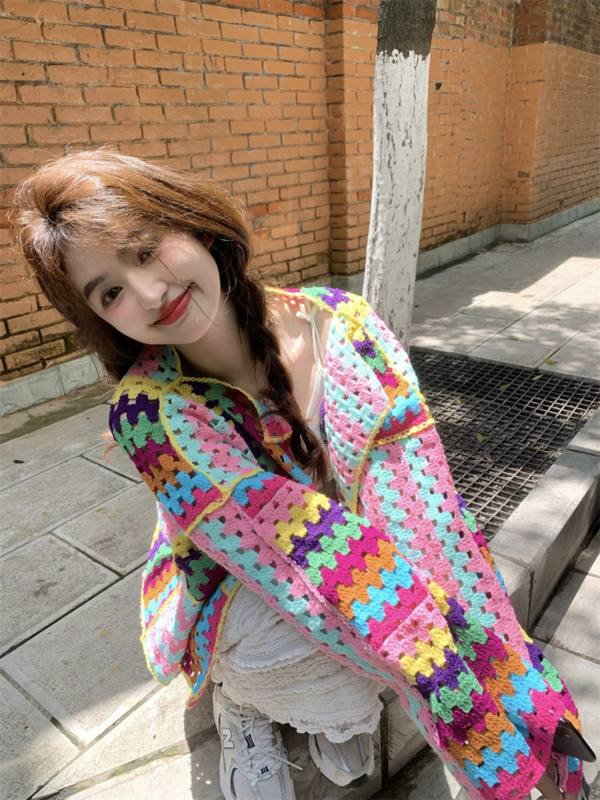 Cardigan de malha colorido para mulheres, jaqueta de malha de crochê, tops soltos, primavera, 2024