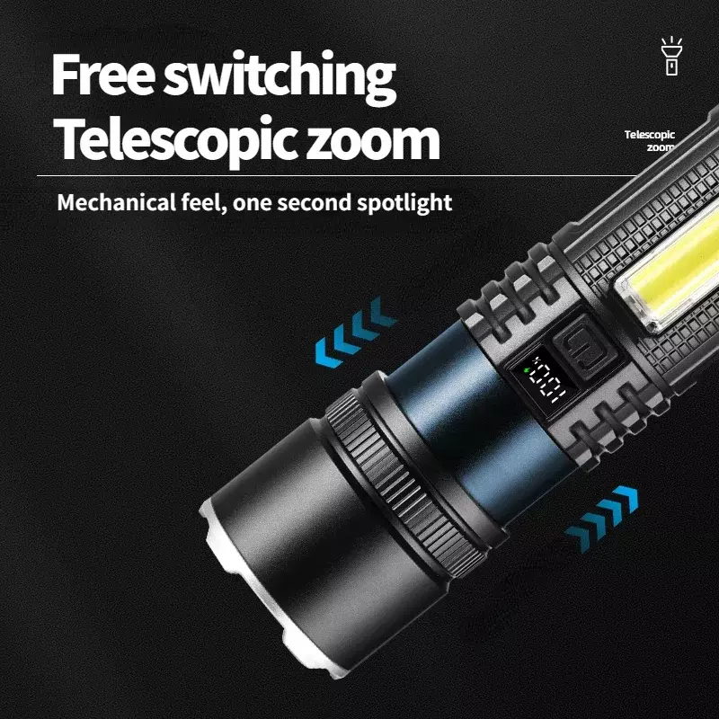 Senter Laser Zoom teleskopik, Senter obor api FLSTAR kuat USB dapat diisi ulang tampilan Digital lentera berkemah luar ruangan