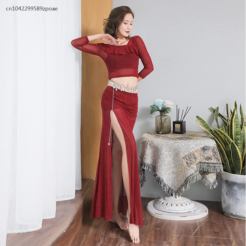 Nowa orientalna spódnica do noszenia trening taneczny na brzuch dla początkujących cekinowa siatka seksowna z pojedynczym rozcięciem długa spódnica dla kobiet 2024