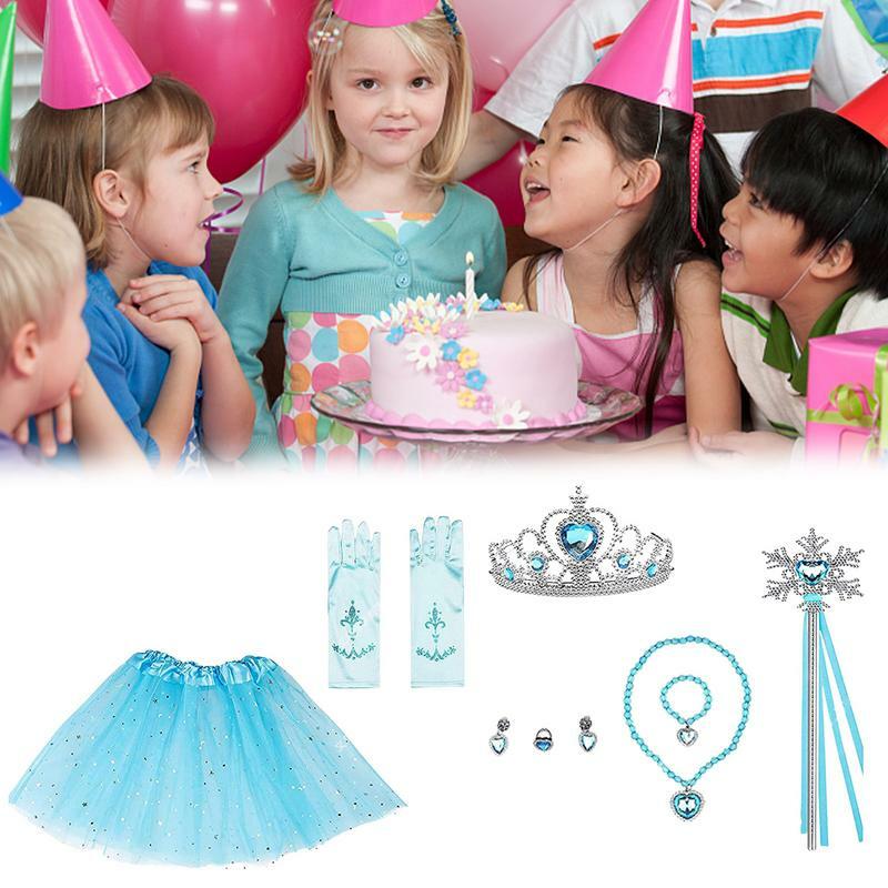 Conjunto de vestido de princesa para niñas, suministros de fiesta de princesa, incluye guantes, falda, Tiara de princesa, pulsera, pendiente