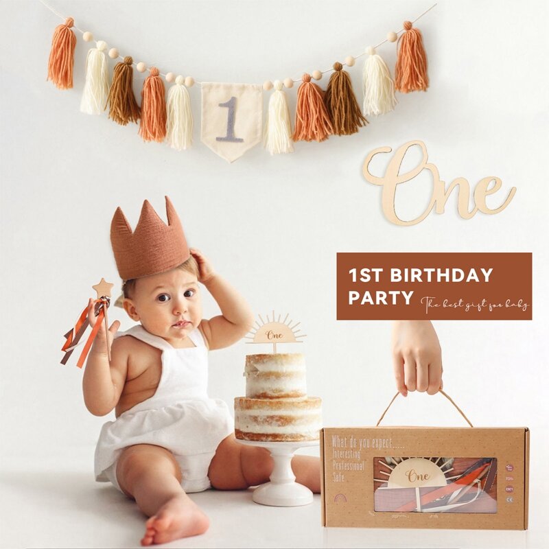 Kursi Makan Bayi Rumbai Spanduk Kue Puncak Topi Ulang Tahun Pertama untuk Anak-anak Bayi Pesta Ulang Tahun Dekorasi Fotografi Alat Peraga Mainan
