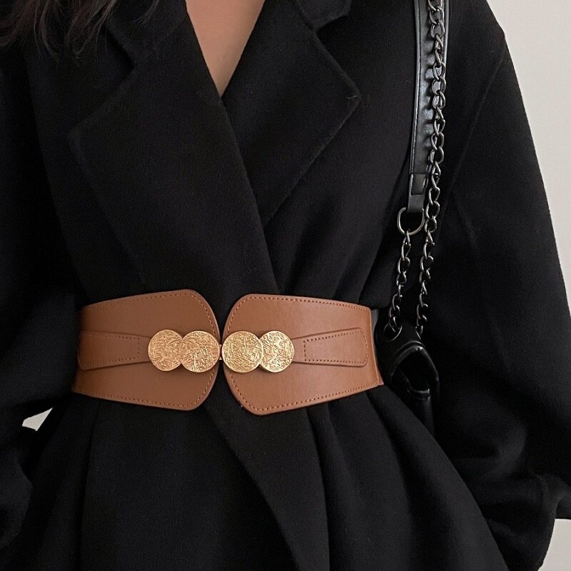 ZLY 2024 nowa moda w pasie kobiety luksusowe PU materiał skórzany okrągły złoty metalowa sprzączka dekoracyjna pasek elegancki płaszcz pasek