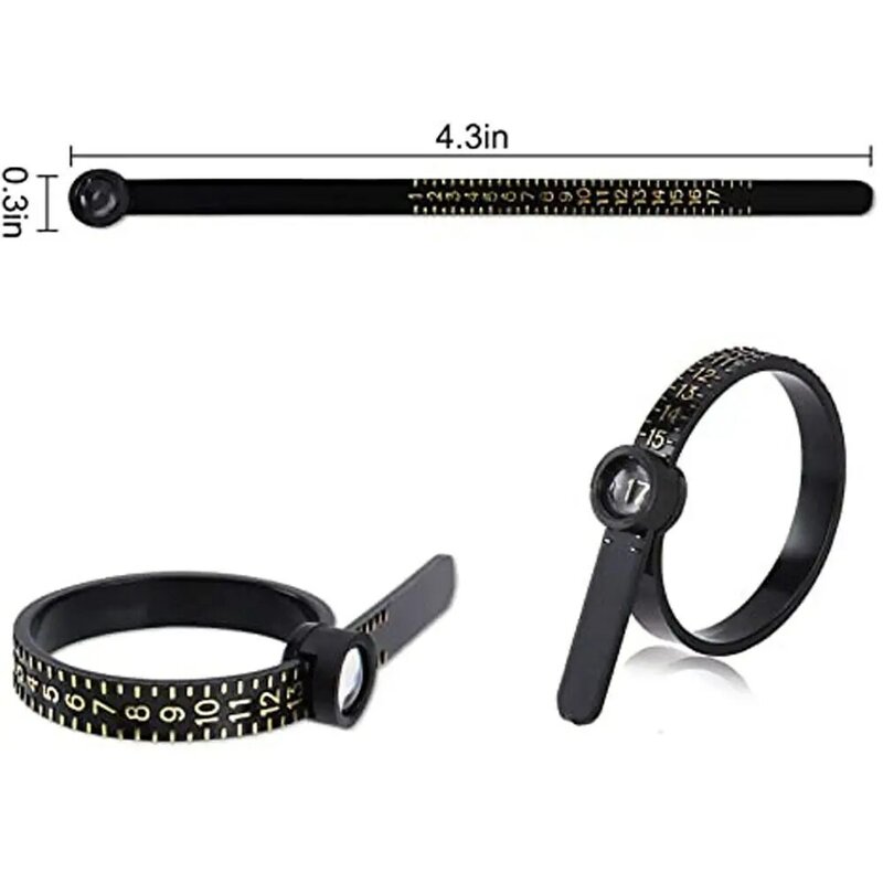 블랙 플라스틱 링 사이저 측정 크기, 1-17 손가락 게이지, 정품 테스터, 웨딩 링 밴드, 돋보기 보석 측정 도구