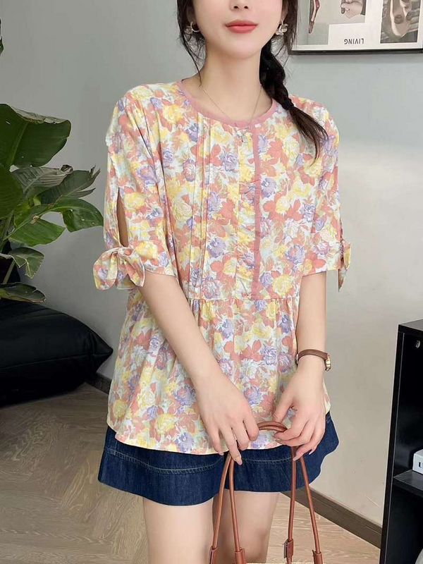 Pastoral style sweet green floral printed shirts and blouses for women summer vintage short sleeve shirts chic cotton tops