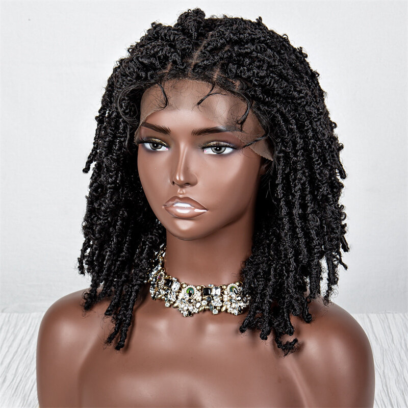 Peruca de cabelo sintética curta para mulheres negras, Dreadlocks macios, tranças de fechamento de renda, cor preta, 14 ", densidade 180%, 9x6