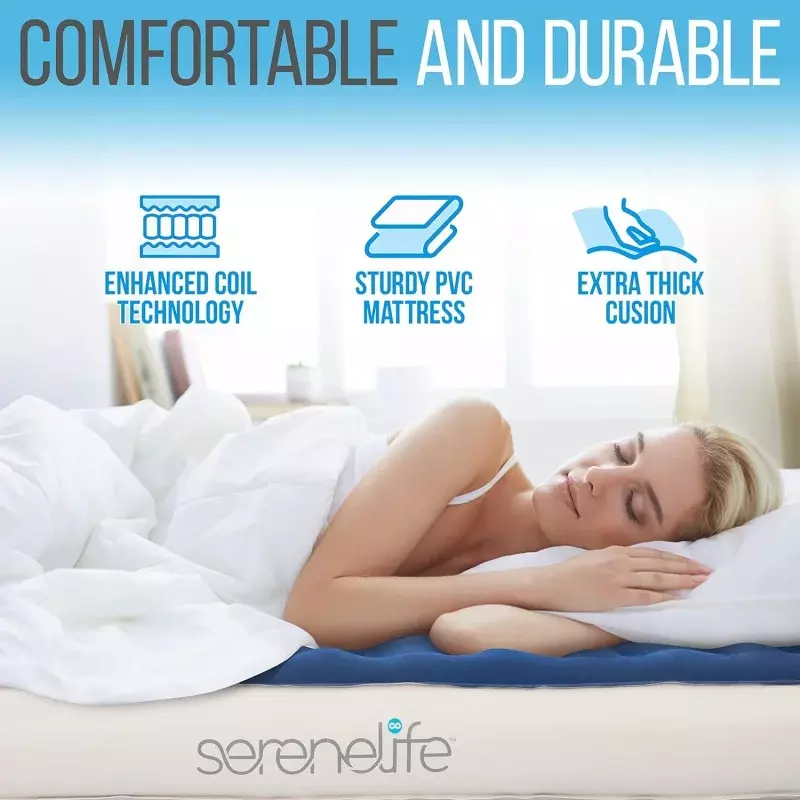مرتبة هوائية Serenelife-Ez بإطار وحالة دوارة ، سرير هوائي ذاتي النفخ ، مضخة مدمجة للسفر والاستضافة ، Q