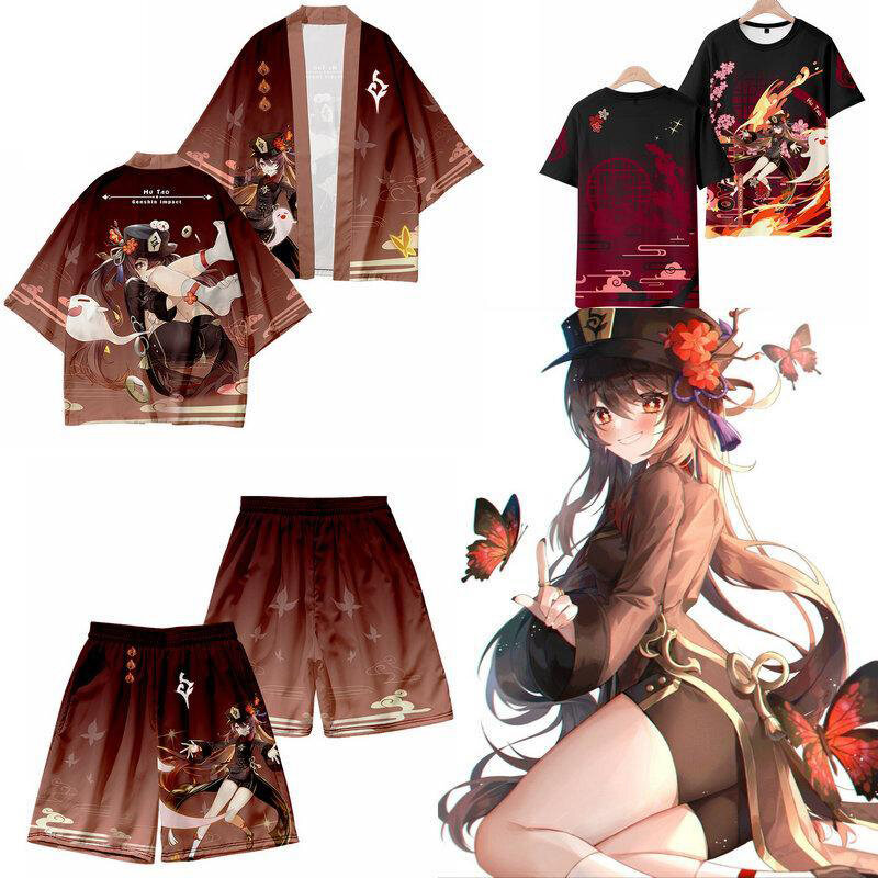 Mode Kawaii Genshin Auswirkungen Hu Tao 3d Kimono Shirt Cosplay Anime Spiel Männer Frauen Sieben Punkt Hülse Tops Casual Kühlen streetwear