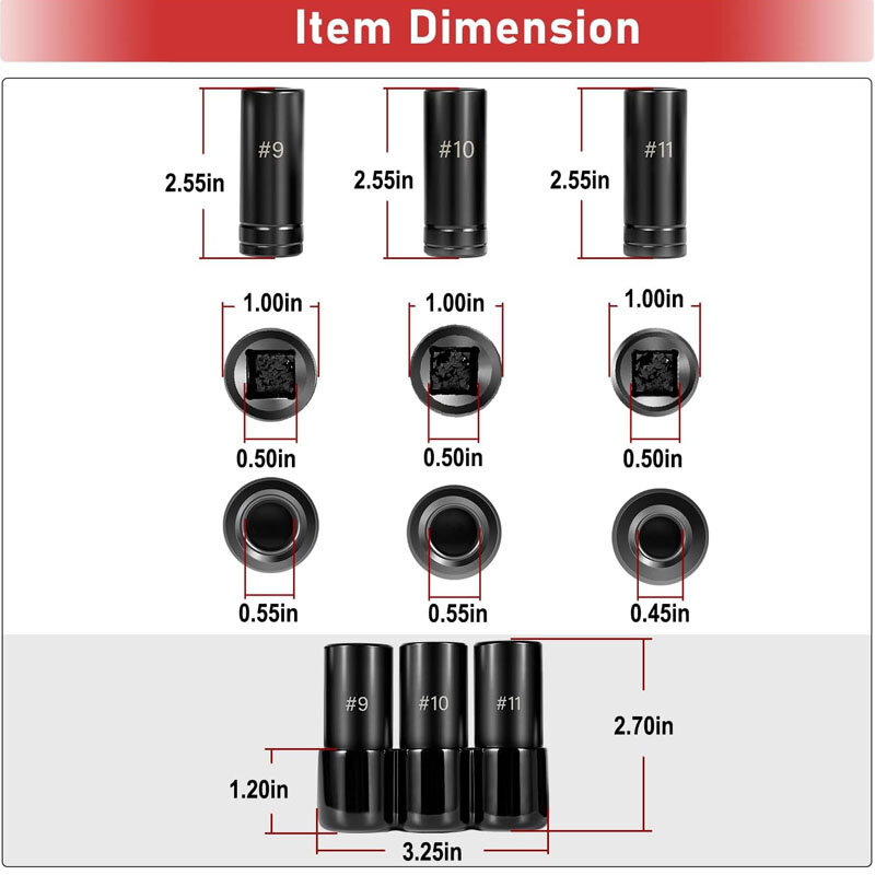 Tap Socket Set For Large Tap Size 5/8", 11/16", 3/4", Replace# 70940, 1/2" Drive For larger, Fractional M.C.T.I. Standard Taps