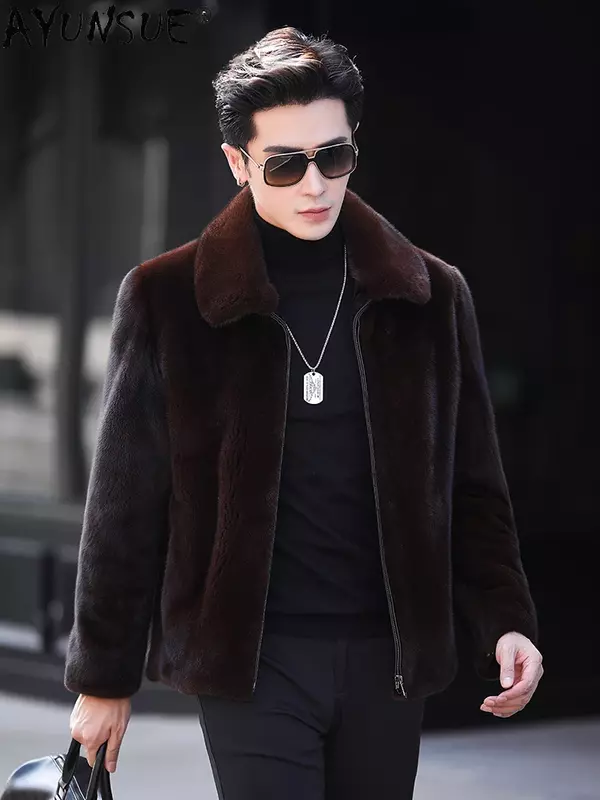 AYUNSUE Real Mink Fur Coat Men Luxury Winter 2023 Casual Business Mink Fur Jacket Male Pure Color Fur Coats and Jackets Jaqueta