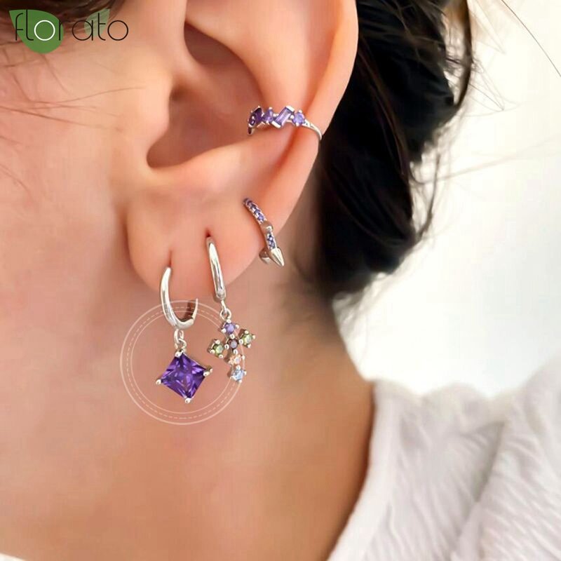 Boucles d'oreilles en argent Sterling 925, aiguille en cristal violet, pendentif étoile, créoles pour femmes, mode or, bijoux de luxe, cadeaux