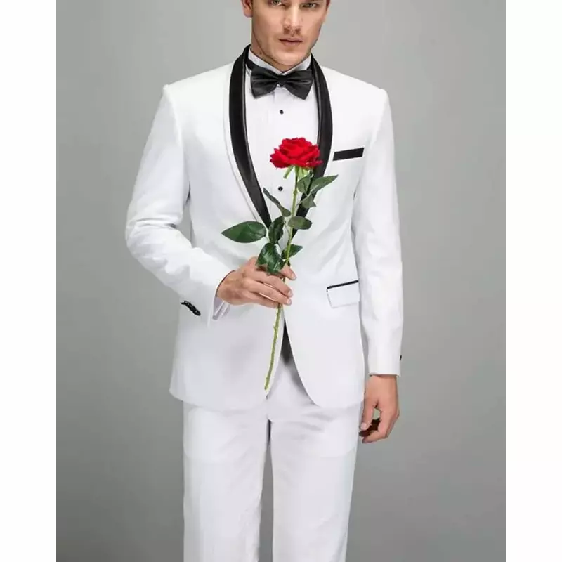 ชุดแต่งงานสุดหรูของผู้ชายสูทสีขาวทั้งชุด Terno ผ้าคลุมไหล่สีดำคอปกเสื้อเชิ้ตเข้ารูปกระดุมเดียวเสื้อผ้าเจ้าบ่าวสุดหรู