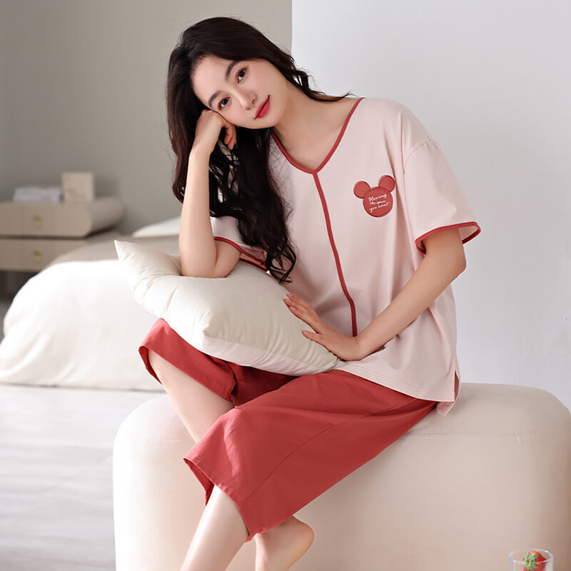 100% Cotton M-3XL Big Size Korean Reviews Many Pajamas Set Summer Short Sleeve Cute Panda Sleepwear Soft Loose Breathable Pajama
