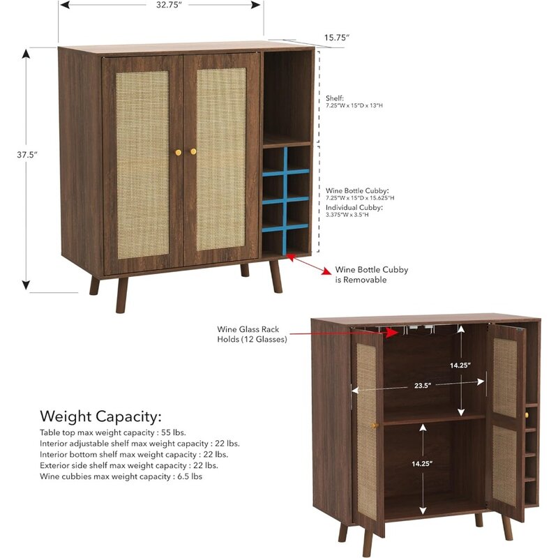 Century pannelli in Rattan naturale con contenitore per vino frigorifero finitura noce Bar Cabinet Rack Furniture