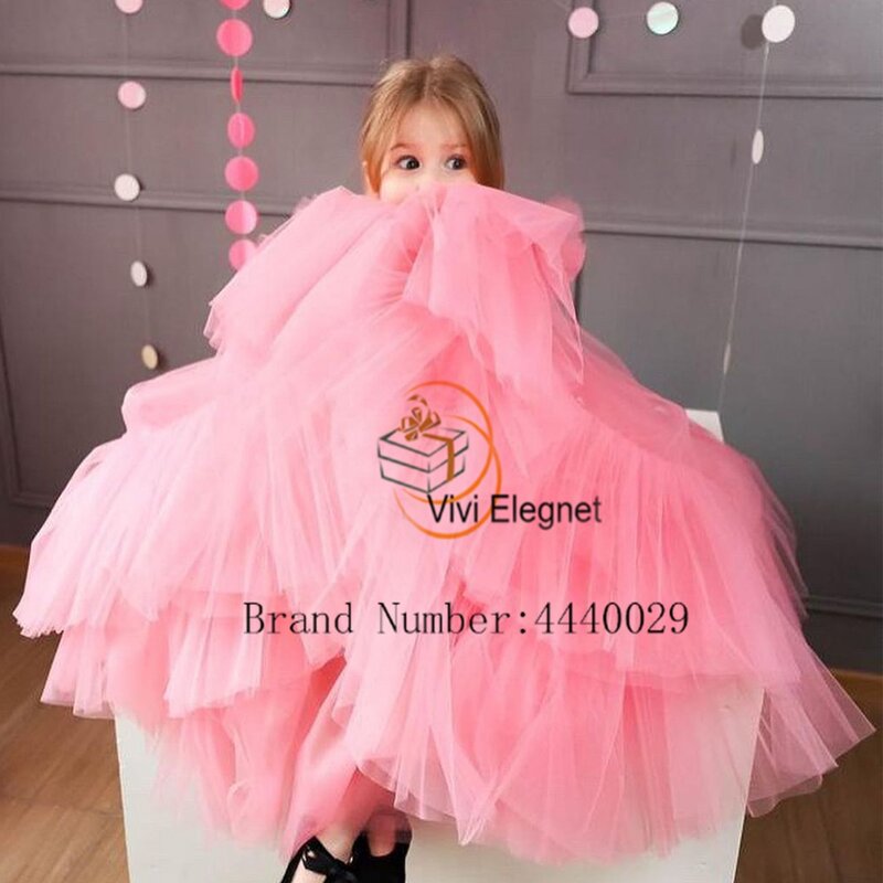 Pink Scoop Flower Girls Dresses with Soft Tulle 2024 Summer New Sleeveless Wedding Party Dresses Zipper Back Christmas Gowns