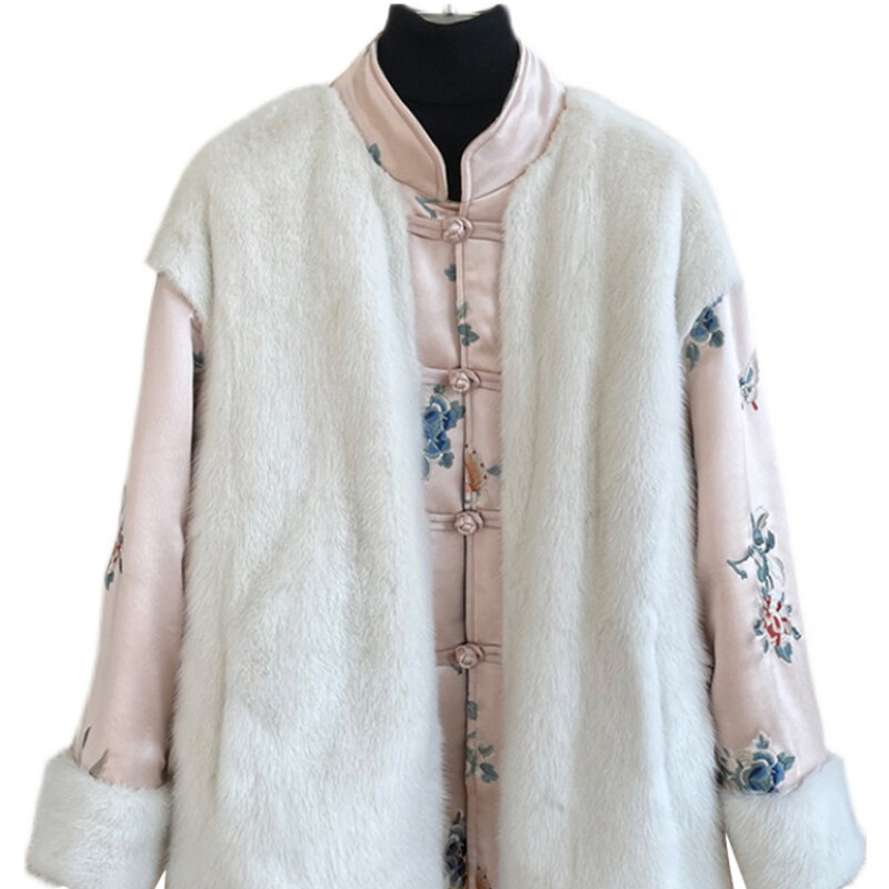 여성용 중간 길이 밍크 모피 코트, 면 패딩 의류, 따뜻한 코트, 자수 중국 스타일, 신상
