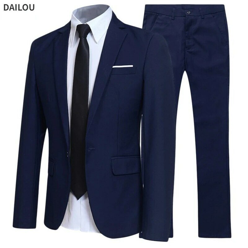 Мужской деловой костюм из двух предметов, темно-синий пиджак и брюки, элегантный пиджак в Корейском стиле для свадьбы, 2023