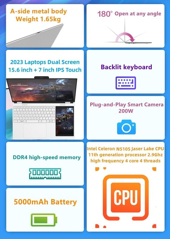 Laptop Dual Screen com Touch LCD, PC Notebook Portátil, INTEL N95, 16G, DDR4 - 1TB SSD, 15.6 ", IPS, 2K, 7", Novidades