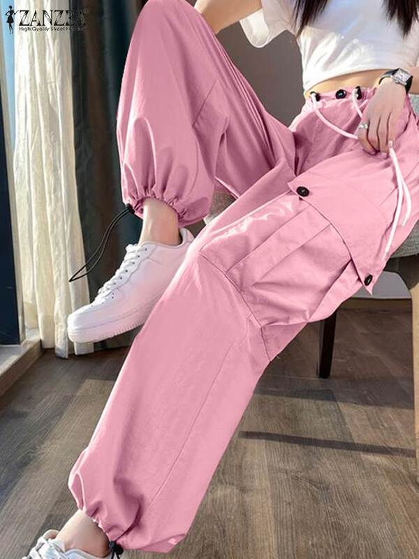 Zanzea Mode Cargo lange Hosen Frauen hohe Taille Pantalon 2023 Herbst lässig feste Hosen Streetwear Taschen Kordel zug Hose