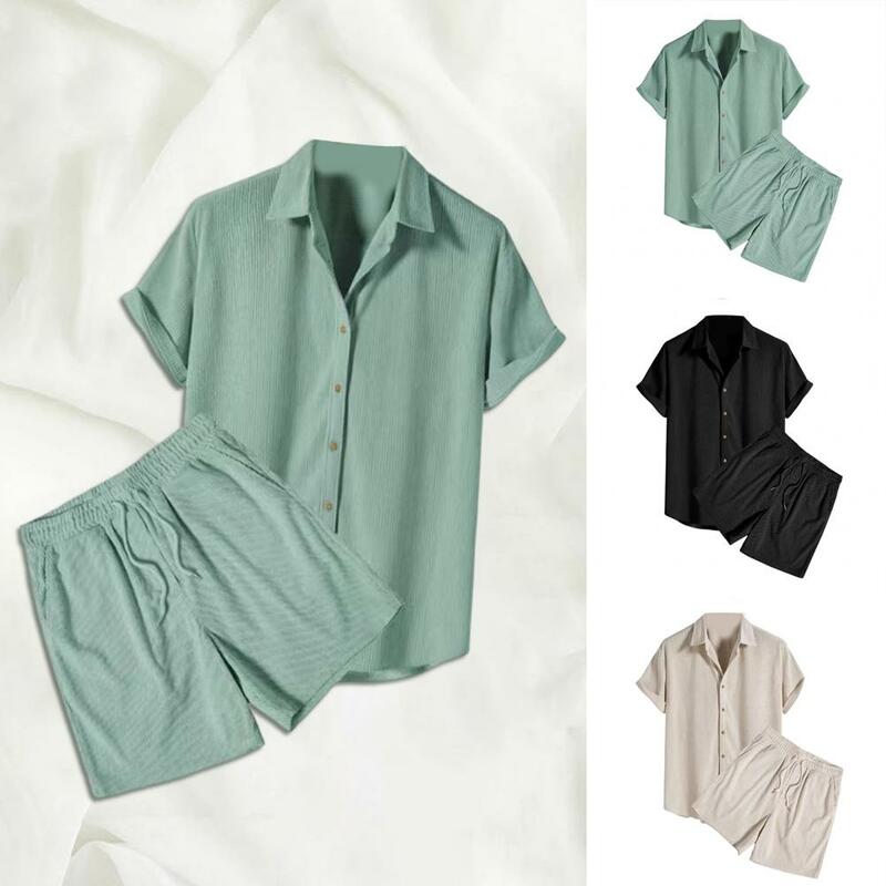 Lapel Collar Men Outfit Men's Casual Lapel Shirt Elastic Waist Shorts Set with Adjustable Drawstring Solid Color for Summer