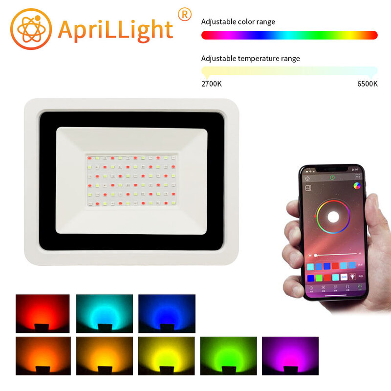 Impermeável Smart RGB LED Projector, Refletor ao ar livre, Iluminação Quente e Fresca, Controle Bluetooth App, 50W, 100W, 220V